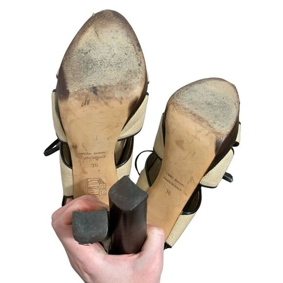 bottega veneta Authentic Beige Brown lace up Block High Heel slingback Sandals 6 - Picture 6 of 7